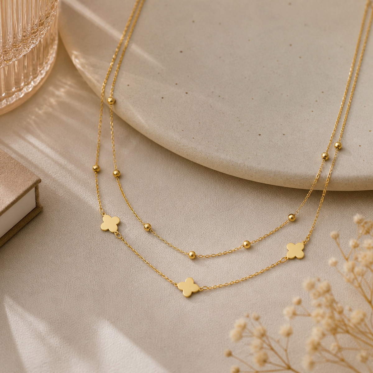 Collier trèfles et boules double chaîne
