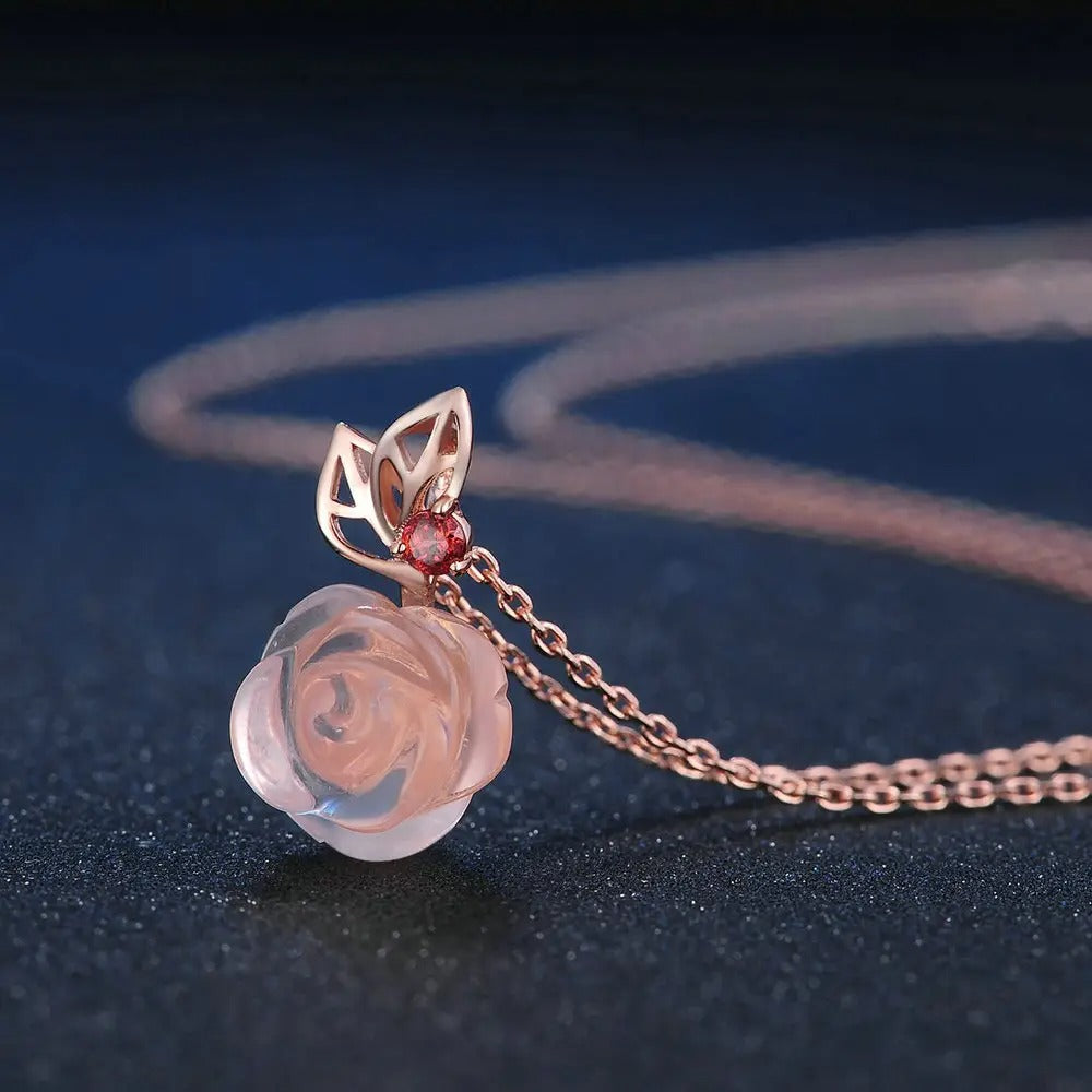 Collier quartz rose et pierre rouge rose