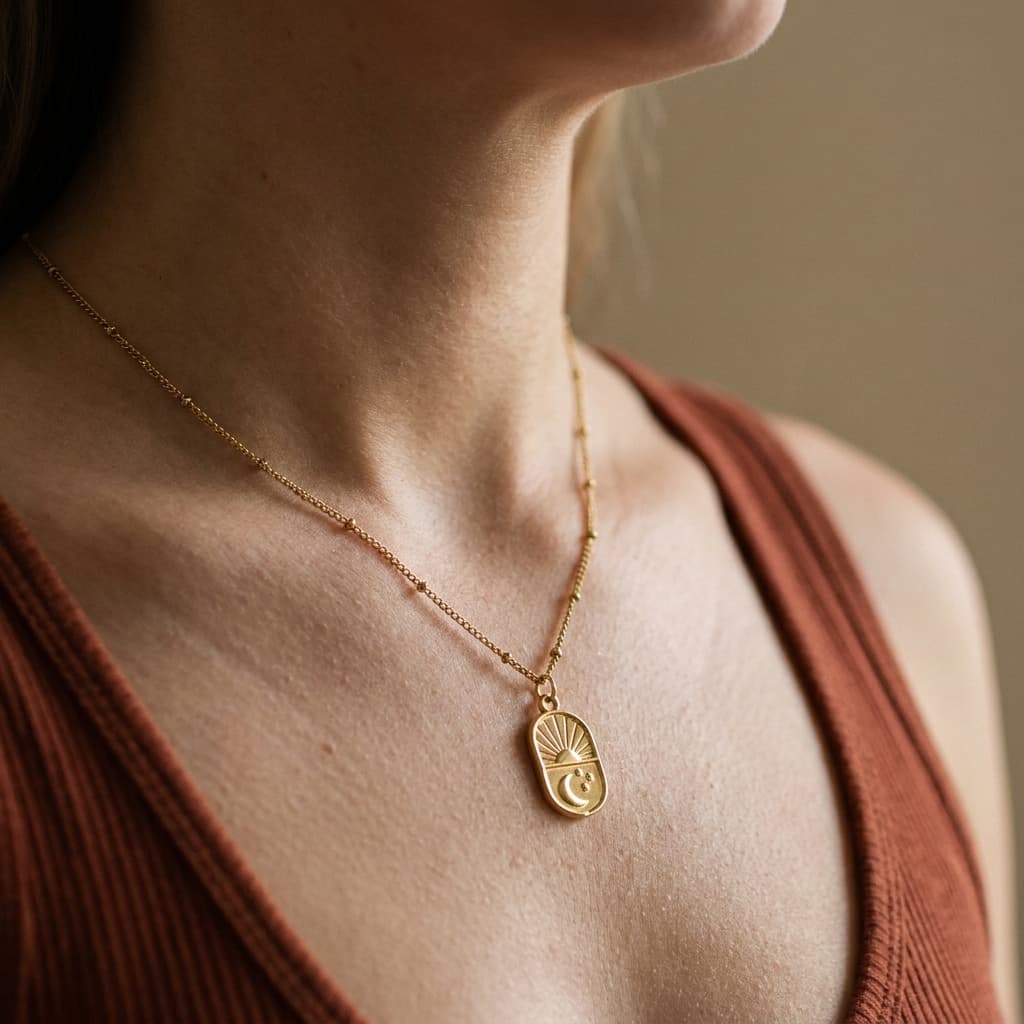 Collier pendentif soleil et lune doré