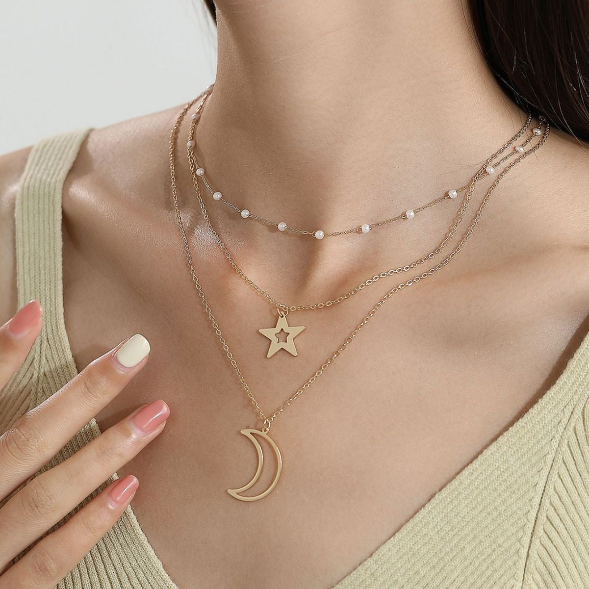 Collier étoile lune multirang doré