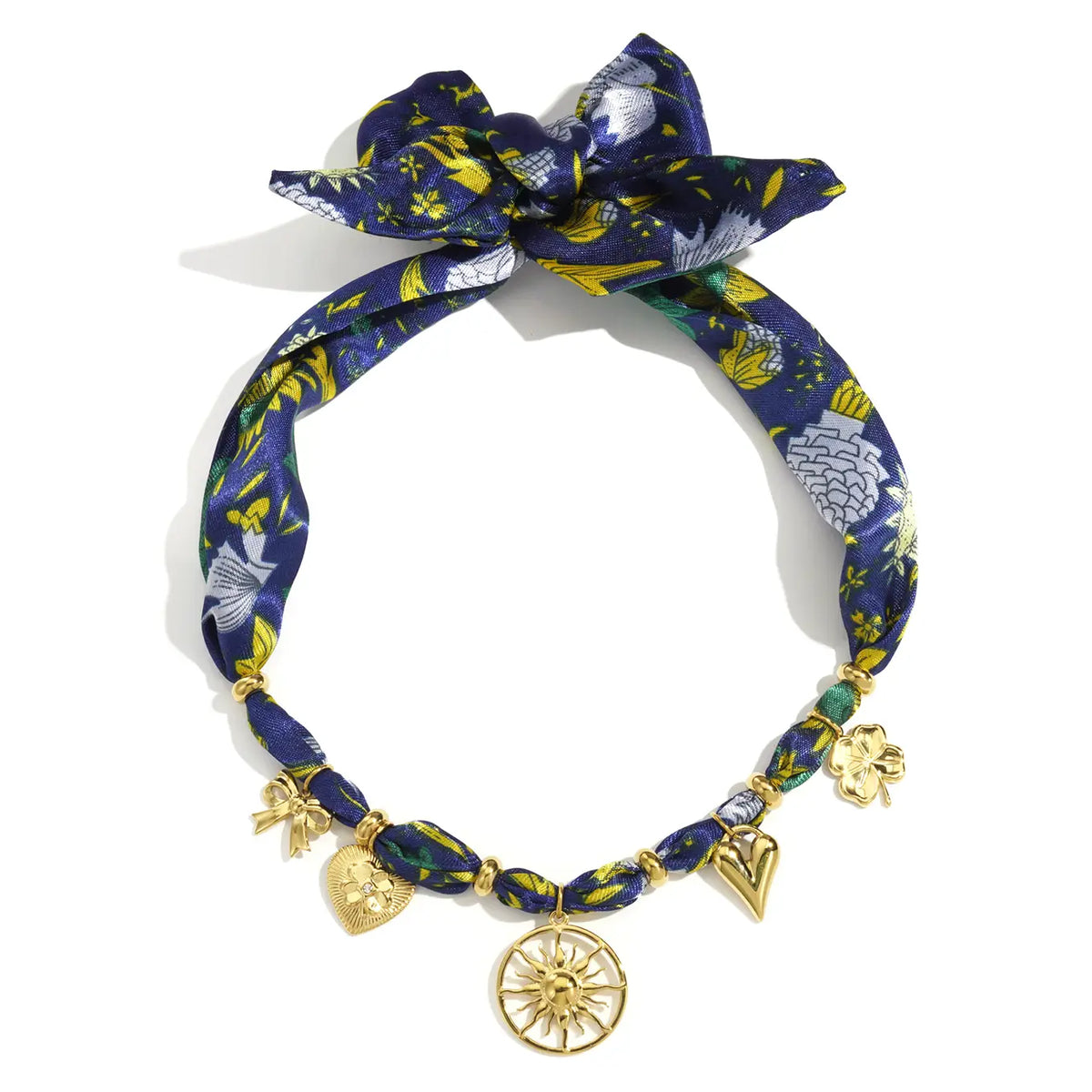 Collier foulard pendentifs soleil et cœur bleu