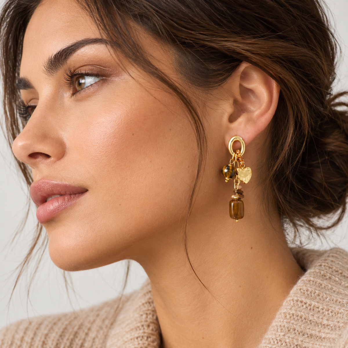Boucles d’oreilles pendantes bohèmes à grappe cœur doré