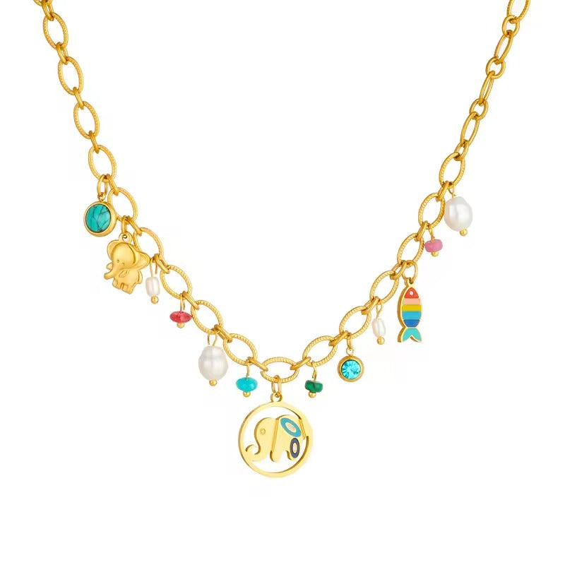 Collier pampilles doré éléphant et perles colorées