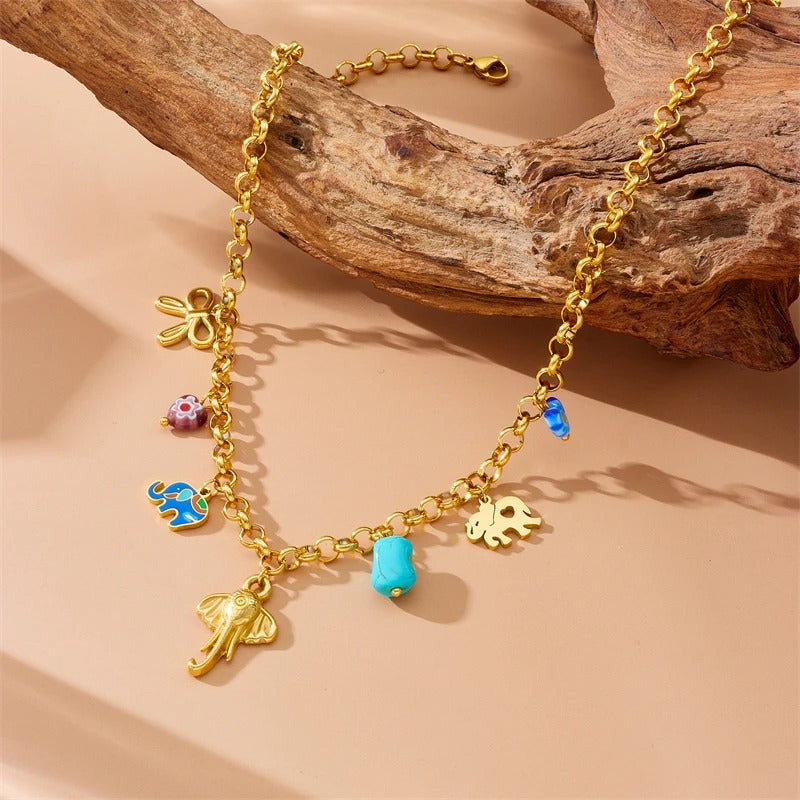 Collier pampilles doré éléphant et perles colorées