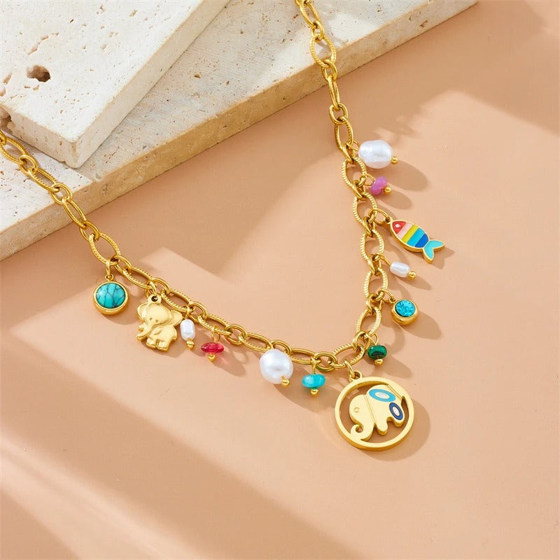 Collier pampilles doré éléphant et perles colorées