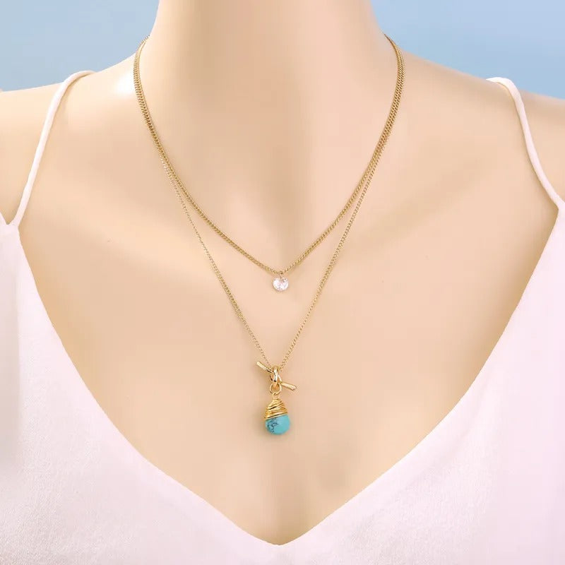 Collier Double Rang avec Turquoise doré