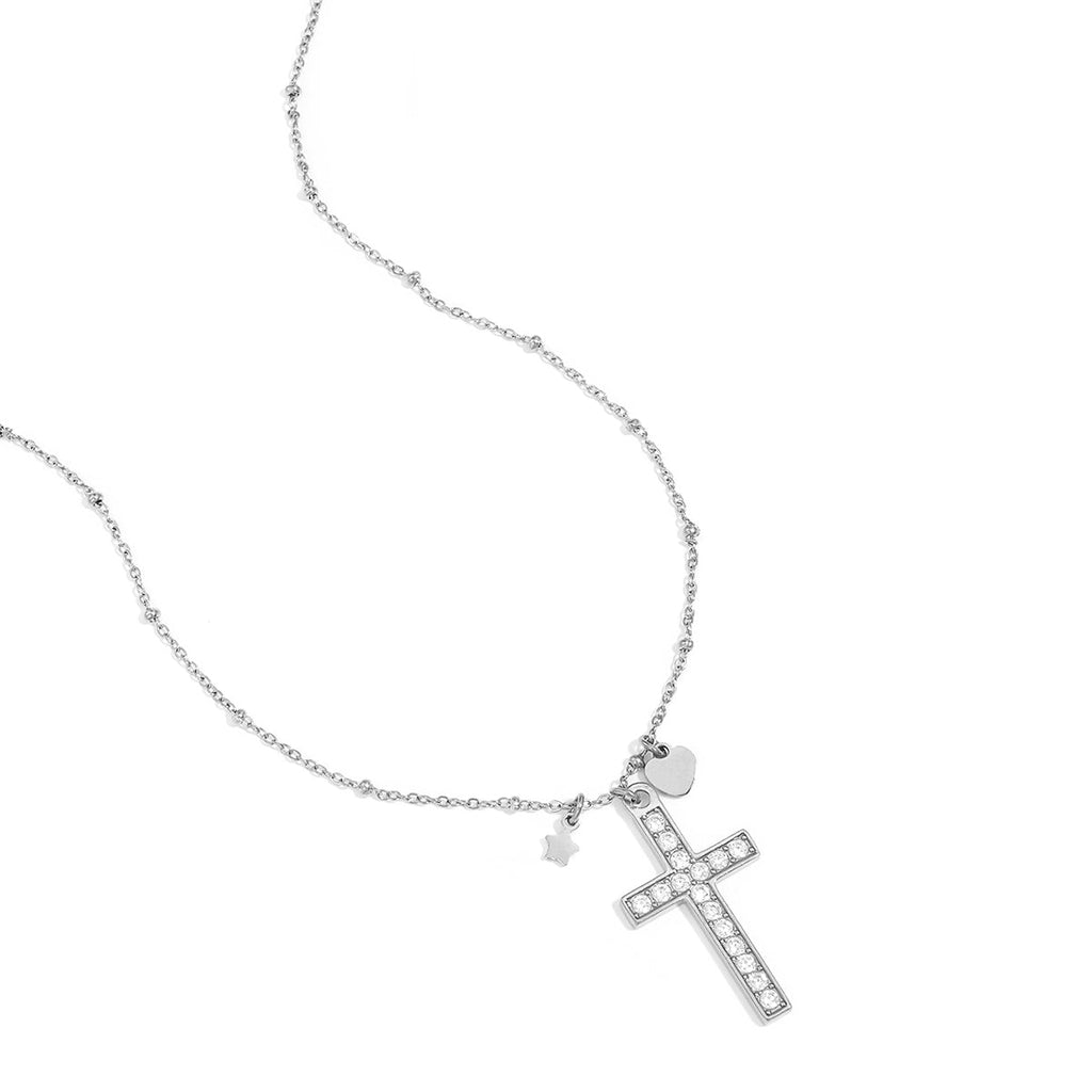 Collier avec pendentif croix décoré et breloques