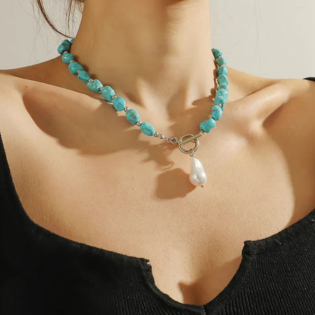 Collier Turquoise avec Pendentif Perle argenté