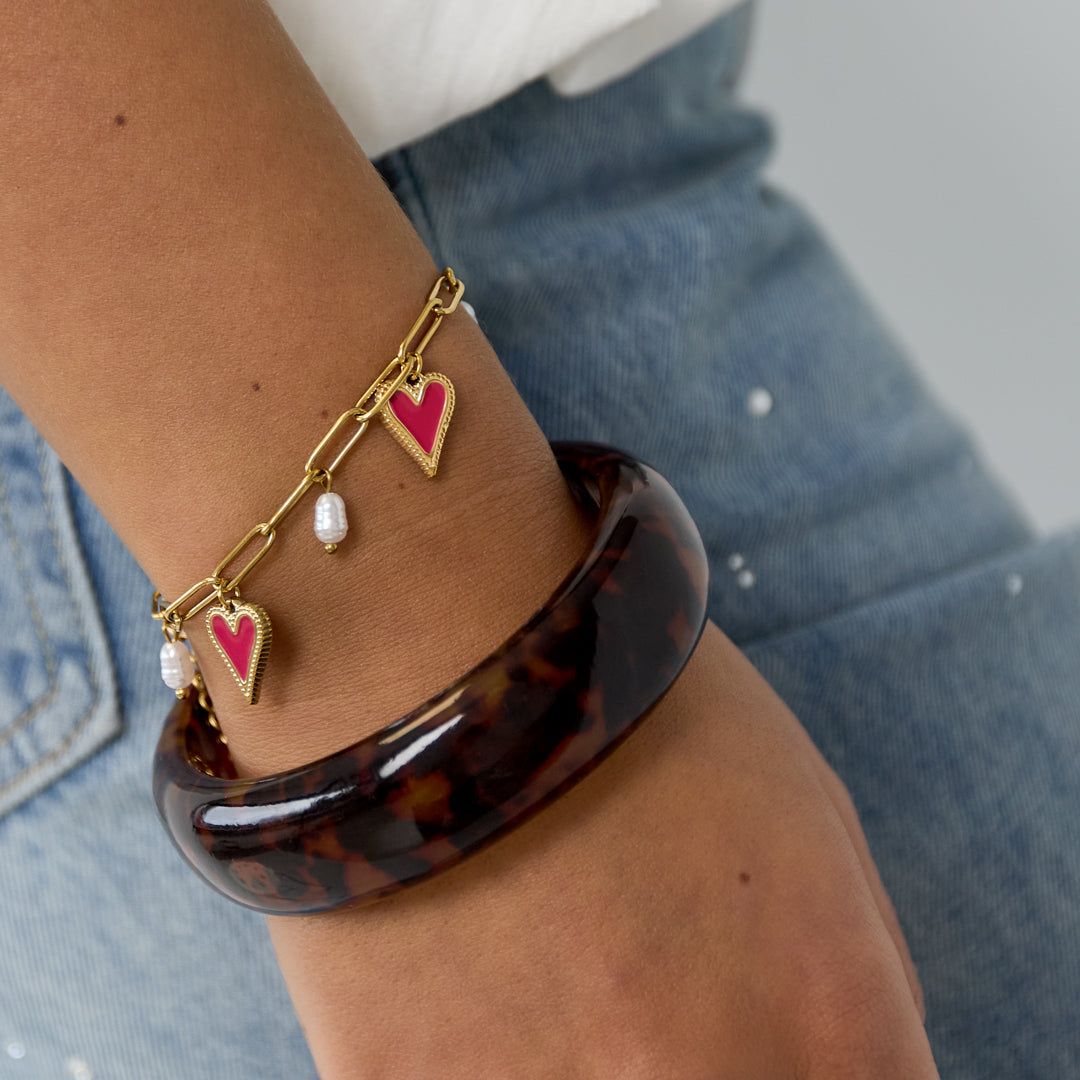 Bracelet à maillons avec perles et breloques en forme de cœur