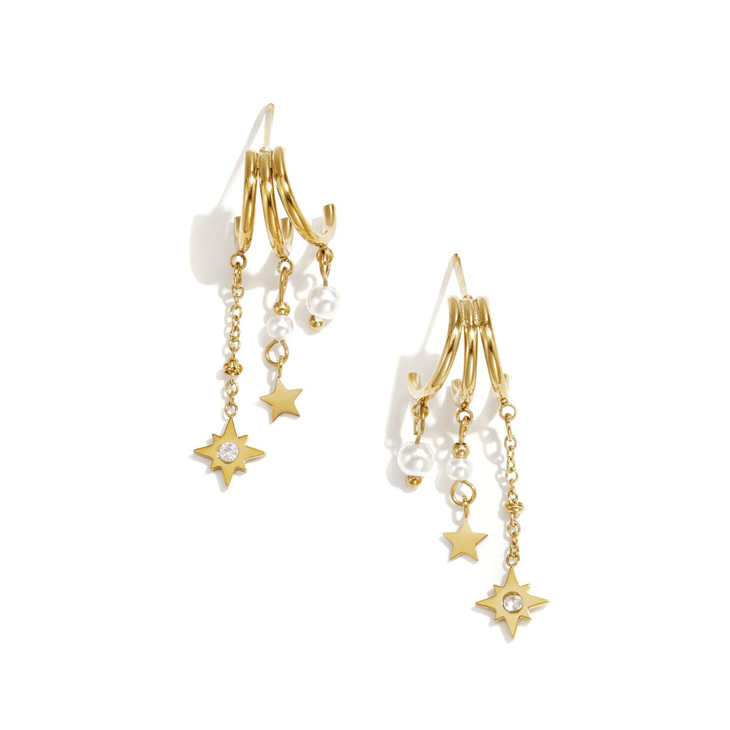 Boucles d'oreilles triples avec pendentifs en perle et en étoile
