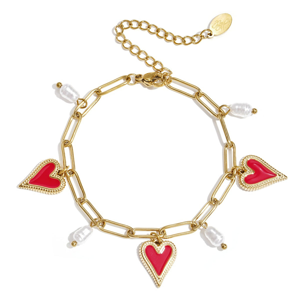 Bracelet à maillons avec perles et breloques en forme de cœur