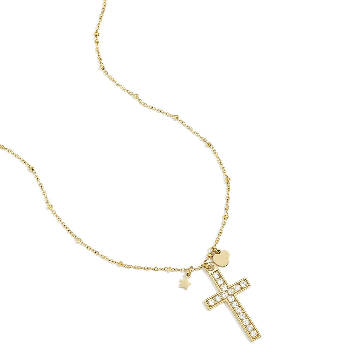 Collier avec pendentif croix décoré et breloques