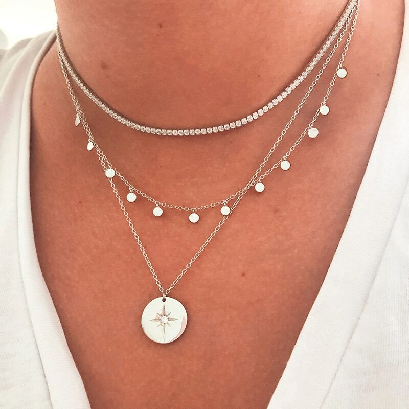 Collier boussole argent brossé