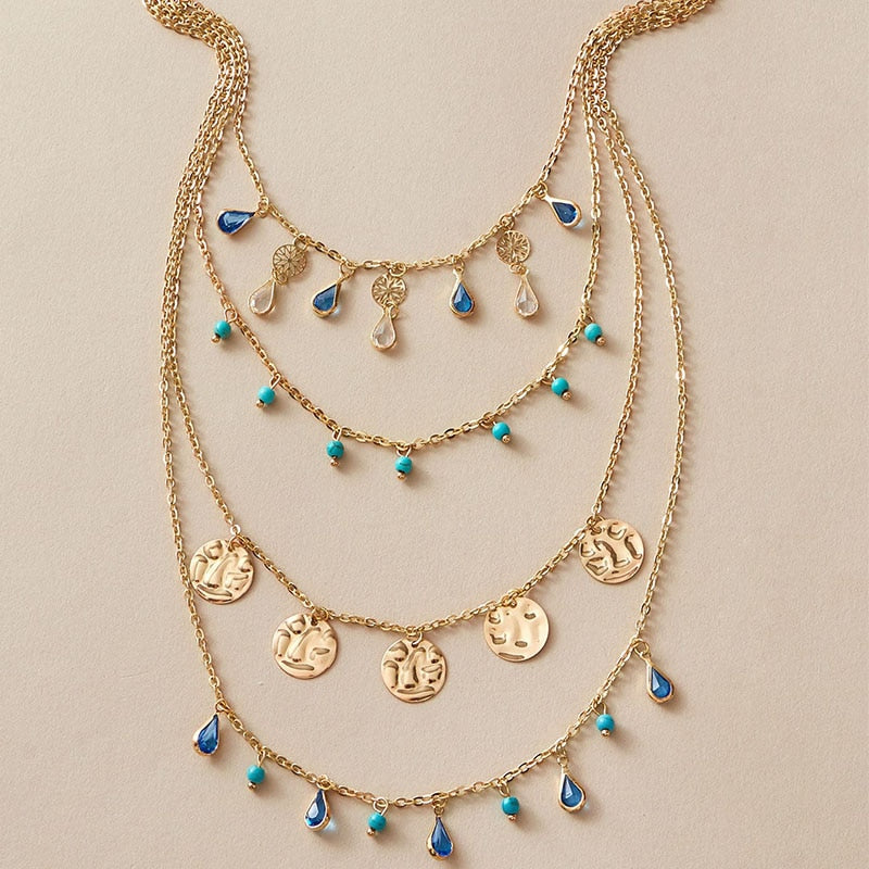 Collier multirang doré et bleu