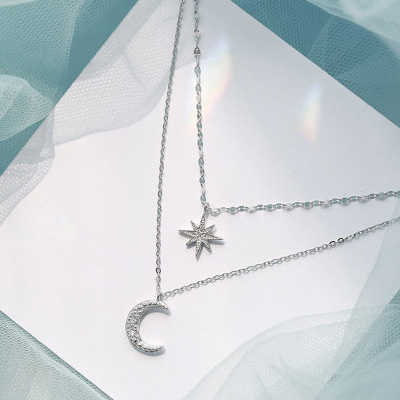 Collier double pendentif lune et étoile